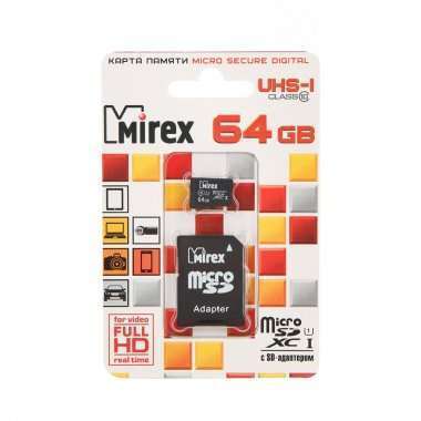 Карта памяти MicroSD 64GB Class 10 T-Flash Mirex+SD адаптер — 1